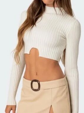 Edikted Ribbed Mock Neck Cream Crop Sweater Top
